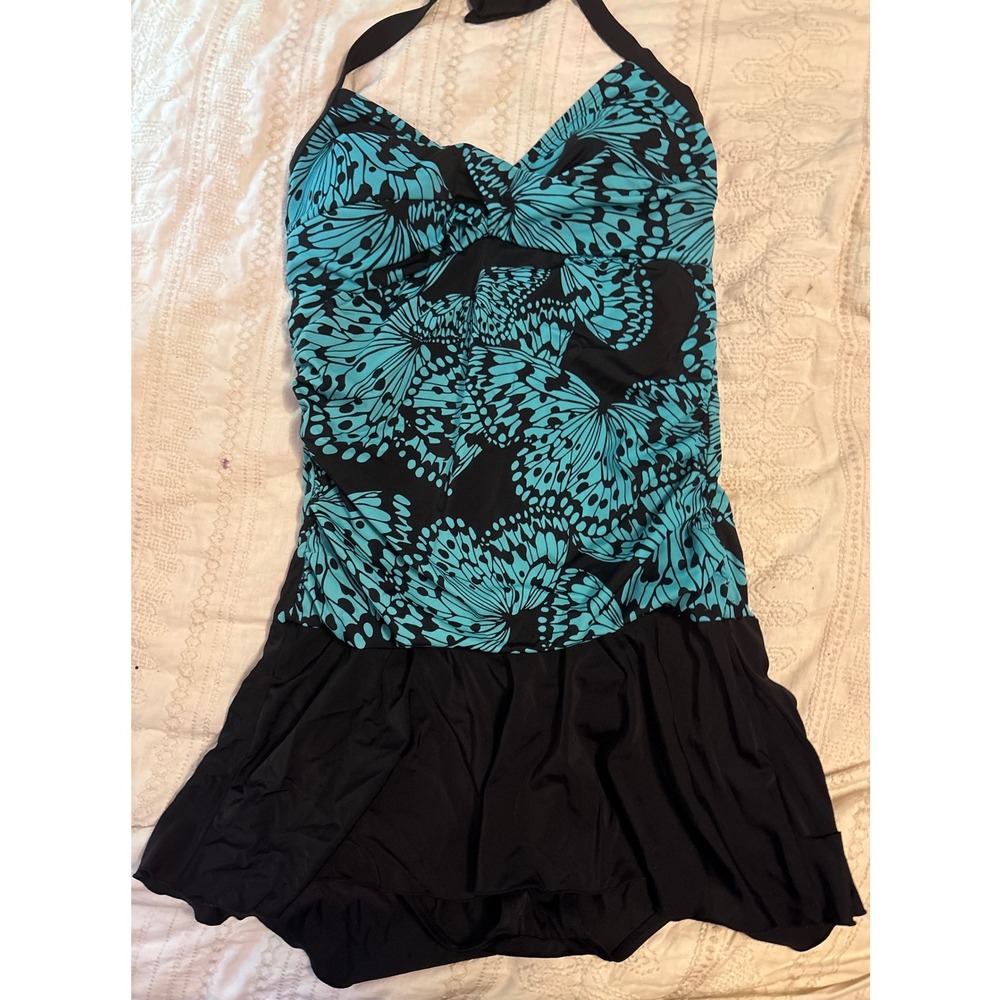 Inches‎ Off Teal & Black Butterfly Print Skirted Slimming One Piece Swimsuit, 14